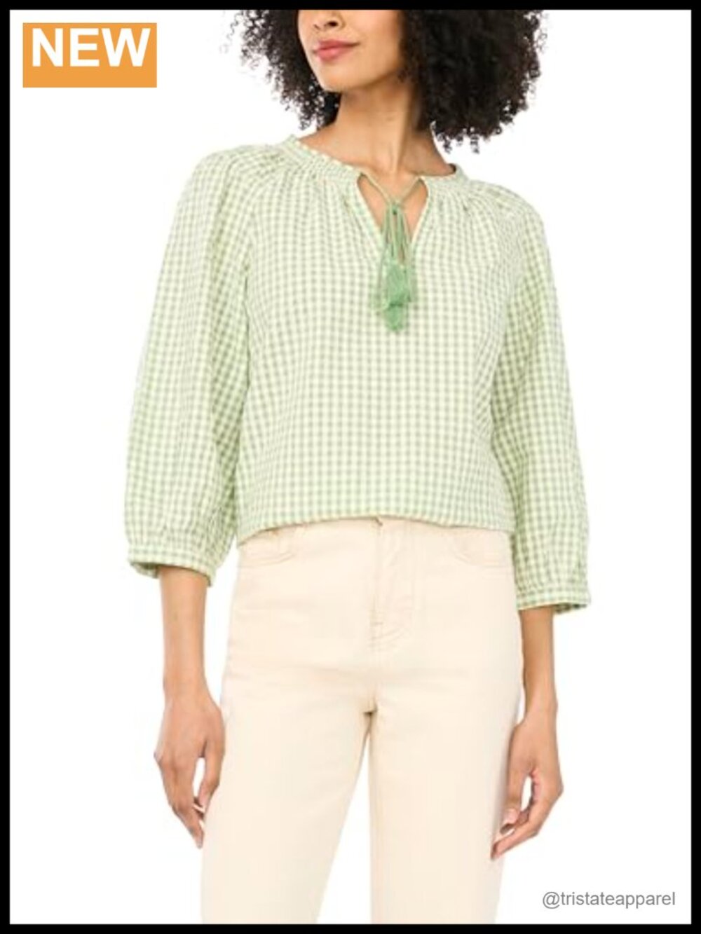 Vince Camuto Tie Neck Peasant Blouse Gingham Print Square Neck Mid Sleeve